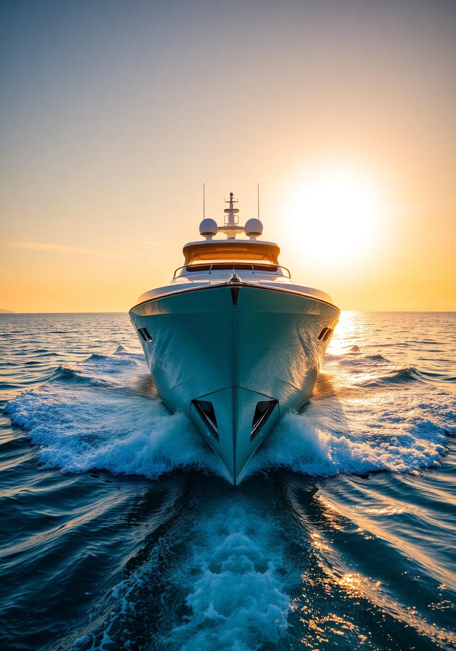 A luxury yacht cuts through golden hour seas